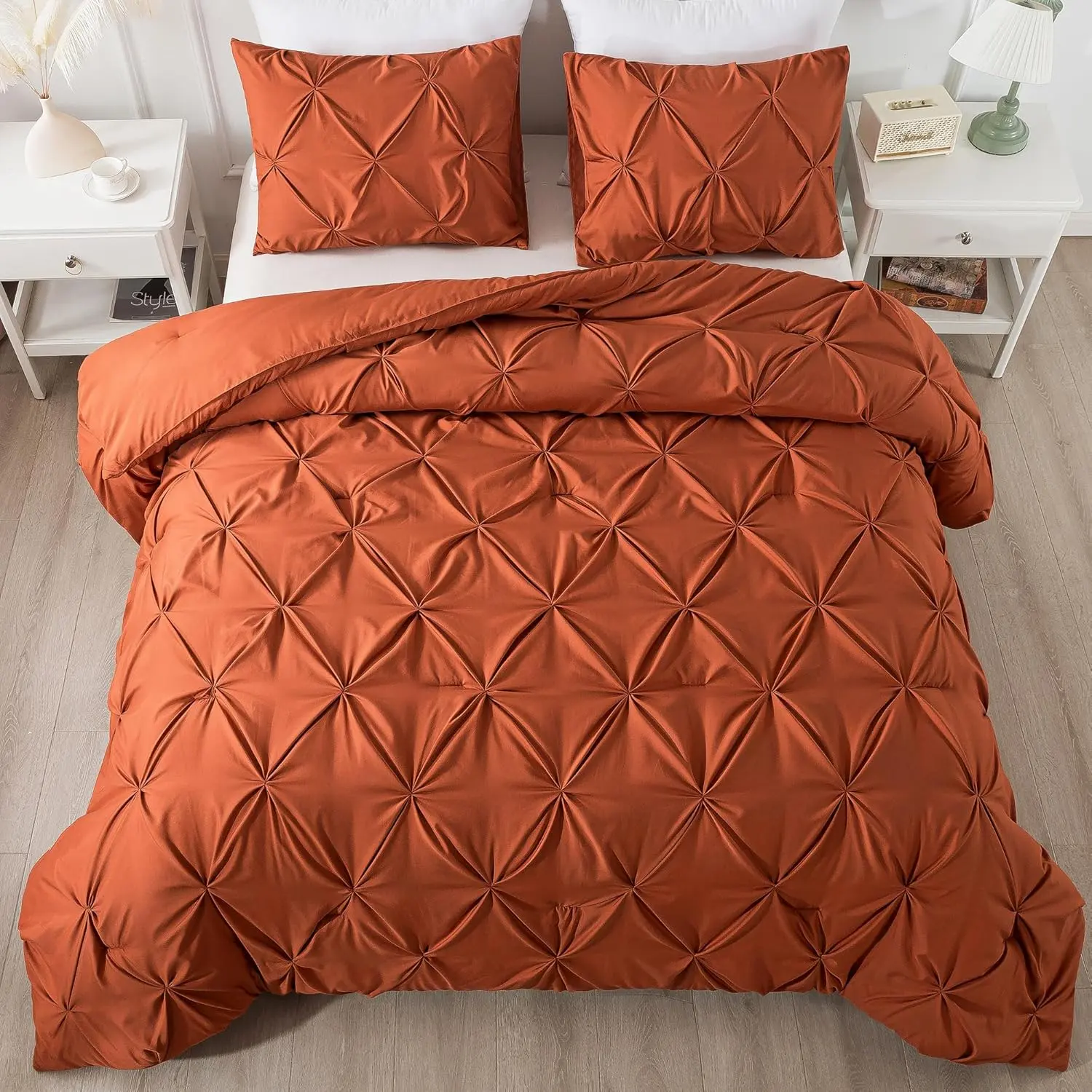 Burnt Orange Pinch Pleat Comforter Twin(66x90Inch), 2(1 Pintuck Comforter, 1 Pillowcase) Microfiber Pintuck Comforter Down Alternative Comforter
