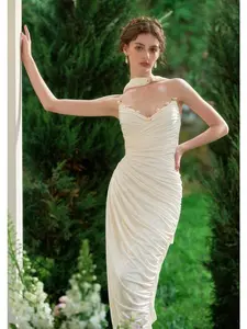 Lover of the Isles Slip Dress - Winged Neckline with Satin Rosette Details & Built-in Metal Boning for Hourglass Silhouette