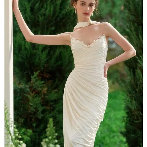 Lover of the Isles Slip Dress -Runs small, order one size up.- Winged Neckline with Satin Rosette Details & Built-in Metal Boning for Hourglass Silhouette SwimWeek Evening Formal Wear Fancy Dress