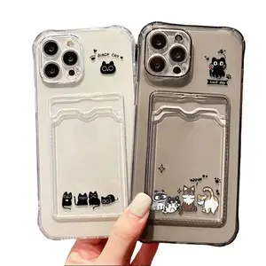 Cute Black Cat  Case For Samsung S25 Ultra S23 S24 FE A56 5g A55 A16 A25 A36 A54 A53 A26 A25 Wallet Card Holder Bag Cover clear 15 waterproof protective tpu slot shockproof decorative  protector cover luxury Pink Phone iphone17 pro