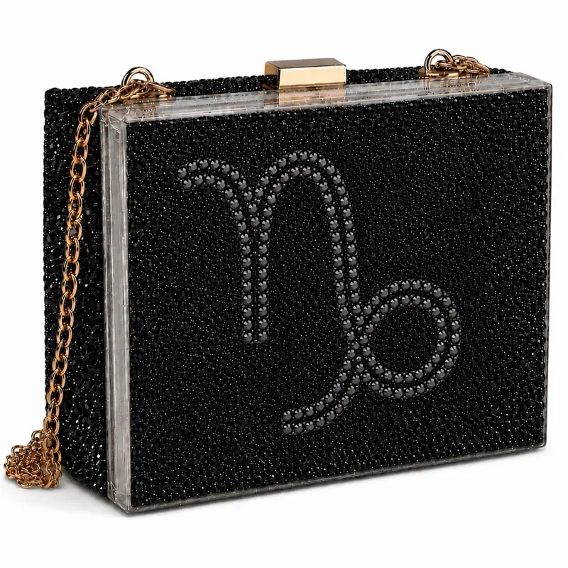 Capricorn Black Diamond & Jet Black Luxe Crystal Custom Zodiac Box Clutch Bag