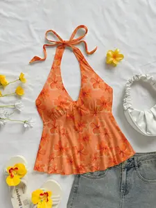 Boho Spring Break Orange Lily And Hibiscus Print Knitted Racerback Tank Top, Fitted For Women Beach Vacation, Suitable For Summer Suitable For Going Out
