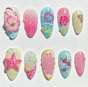 30Pcs Summer Press on Nails Medium Almond Fake Nails with 3D Starfish Designs, 30pcs Beach Press on Nails, 1pc Nail File, 24pcs Nail Jelly Stickers, 1pc Wooden Stick