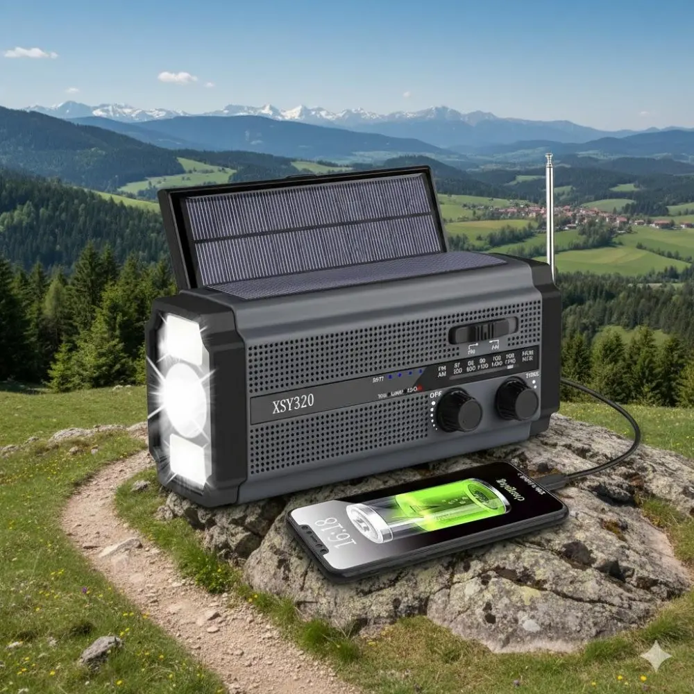 Portable Solar Emergency Radio with AM/FM, LED Flashlight & Reading Light, SOS Alarm. 5000mAh Power Bank, Must-Have for Camping, Hiking, Survival & Outdoor Adventures.