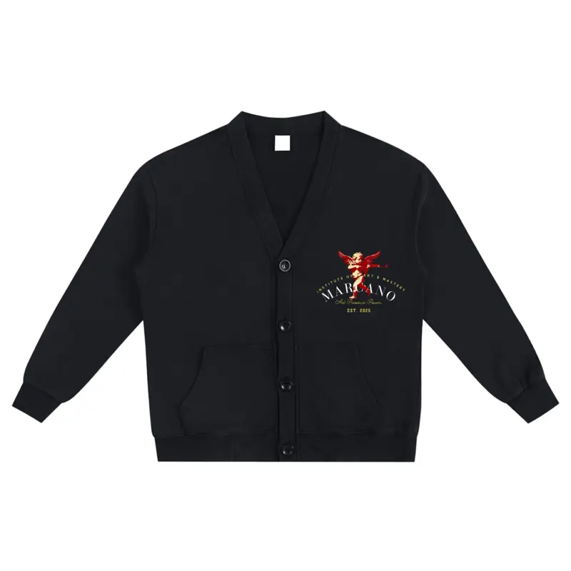 The Institute of Art & Mastery Cardigan - Marcano Collection Black Cardigan with Crimson Cherub, Drop-Shoulder, Double Front Pockets & Heavyweight Fleece Blend - Drape, Womenswear Oversized Soft Fashion
