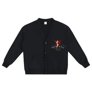 The Institute of Art & Mastery Cardigan - Marcano Collection Black Cardigan with Crimson Cherub, Drop-Shoulder, Double Front Pockets & Heavyweight Fleece Blend - Drape, Womenswear Oversized Soft Fashion