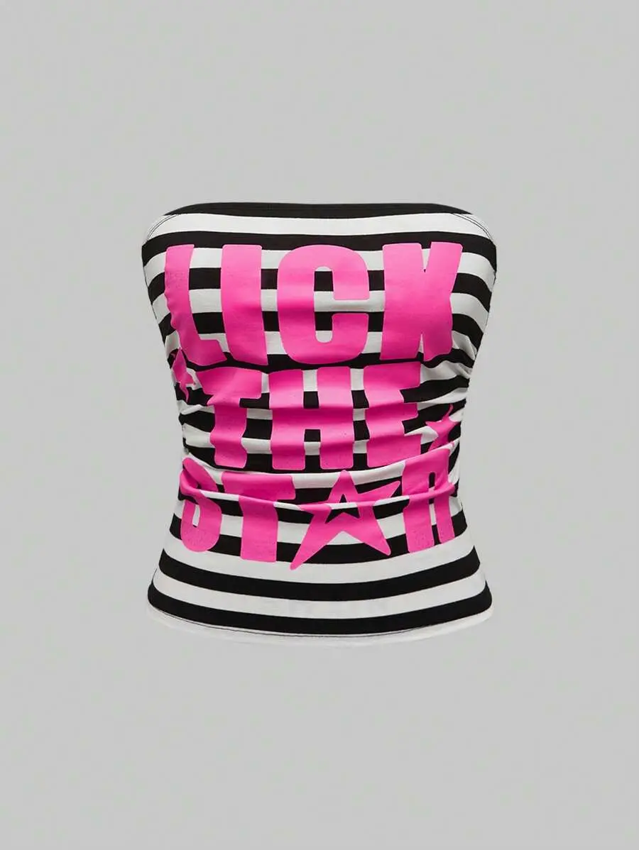 Y2K Style Fuchsia Slogan & Star Print Ruched Bandeau Crop Top For Women
