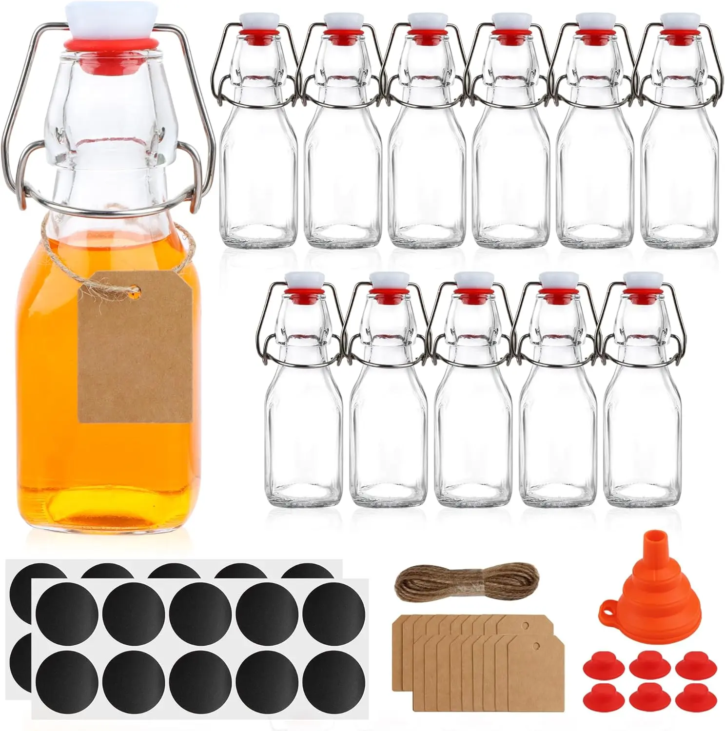 12-Pack Durable Square Modern Swing Top Glass Storage Bottles (4oz/125ML) with Airtight Synthetic Stoppers, Stainless Steel Covers, Bonus Plastic Gaskets, Labels, Funnel for Kombucha, Vanilla Extract, Decoration, Room Decorations, Home Supplies
