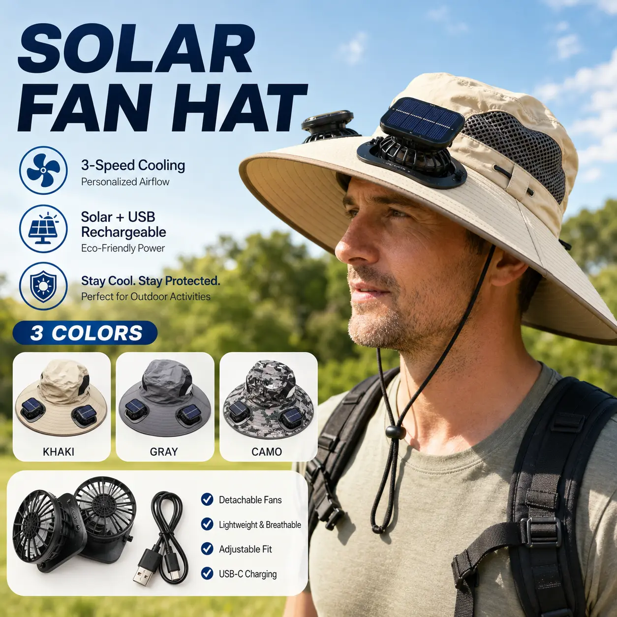 Solar Fan Hat for Men Women, Wide Brim Outdoor Sun Hat with 2 Fans, Solar & USB Rechargeable, 3 Speed Portable Cooling Hat, Breathable Mesh Fishing Hat for Hiking Gardening Camping Beach Summer Work Yard Travel