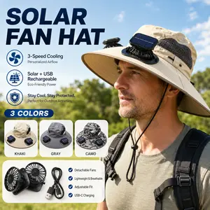 Solar Fan Hat for Men Women, Wide Brim Outdoor Sun Hat with 2 Fans, Solar & USB Rechargeable, 3 Speed Portable Cooling Hat, Breathable Mesh Fishing Hat for Hiking Gardening Camping Beach Summer Work Yard Travel