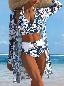 New European and American Women's Sexy Fashion Three-Piece Set, Sun Protection, Long Sleeve Mesh Print, Classic Split Triangle Bikini, Beach Poolwear, Printed Bikini Set