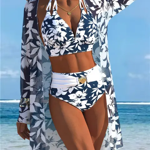 New European and American Women's Sexy Fashion Three-Piece Set, Sun-Protection Long-Sleeve Mesh-Print Cover-Up with Classic Split Triangle Bikini, Printed Beach and Poolwear Set Summer Bikini