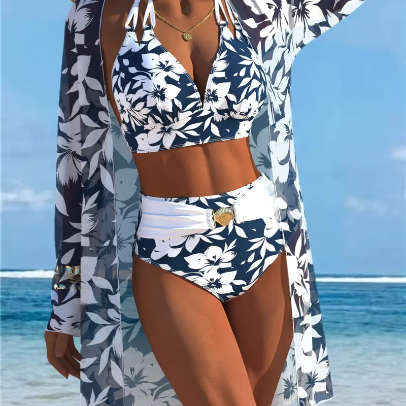 New European and American Women's Sexy Fashion Three-Piece Set, Sun-Protection Long-Sleeve Mesh-Print Cover-Up with Classic Split Triangle Bikini, Printed Beach and Poolwear Set Summer Bikini