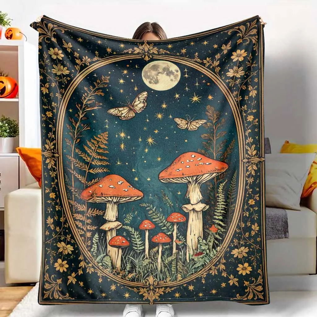Cottagecore Mushroom Flannel Blanket Celestial Moon Butterfly Print Ultra Soft Lightweight Breathable Throw For Couch Sofa Bed Living Room Home Decor Birthday Gift