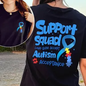 Unisex Autism Support Squad T-Shirt Blue Ribbon Puzzle Graphic Autism Awareness Tee Oversized Loose Crewneck Short Sleeve Cotton Top for SPED Teachers, Autism Moms, Families, Neurodiversity Advocacy Daily Wear
