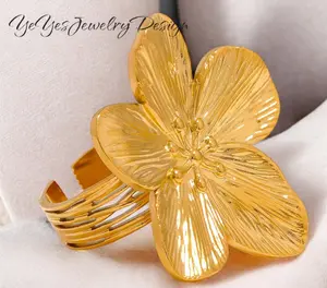 Waterproof 18k Gold-Plated Stainless-Steel Flower Adjustable Ring.