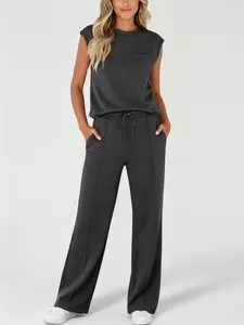 Women's Loose Sports Suit Round Neck Sleeveless Fashion Casual Sleeveless Top High Waist Wide Leg Pants Two-piece Suit Suitable for Sports and Daily Wear,Airport Outfit, Athleisure Wear Set