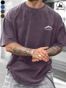 100% Cotton Mountain Print T-Shirt, Breathable Loose Fit, Comfortable Daily Wear, Outdoor Travel, Simple Style, Versatile Fashion