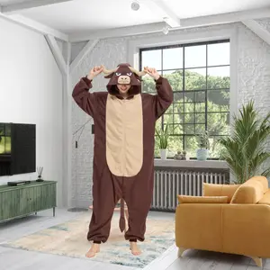 Adult Bull Head Set jumpsuit pajamas -  with hat zipper, animal cosplay costume , autumn and winter home wear Halloween Breathable Fit comfy loungewear sleepwear set one  piece  pajamas Halloween Women's Plaid Christmas Pajama Set warm sleepwear