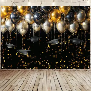 Graduation Party Backdrop, 1 Count Balloon & Graduation Cap Pattern Backdrop, Party Decoration Supplies for Home Living Room Bedroom, Banners