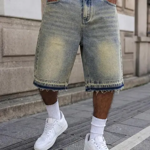 Men's Vintage Washed Distressed Denim Look Jean Shorts, Vintage Distressed Style, Size S (W32) to XXL (W40), Non-Stretch Streetwear Jorts, Menswear
