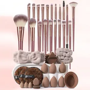 45PCS Brush Makeup Kit - 20 Cosmetic Brushes, 9 Sponges, 9 Setting Powder Puffs, 3 Cleansing Sponges, Hairband, Bowl Straps, Cosmetic Cleaner for Flawless Makeup Application, Brush Cleaner