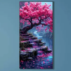 5D DIY Full Drill Round Diamond Painting - Diamond Art Painting Kit Pink Tree, Flowing Platform, Blue Lake Mosaic, Canvas - DIY Decorative Painting, Home Wall Decor, Perfect for Valentine's Day, Independence Day, Birthdays, and Anniversary Gifts.