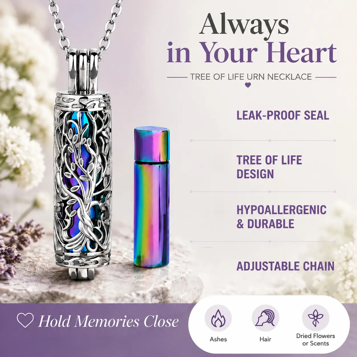 EIGIIS Urn Necklace for Ashes, Stainless Steel Hollow Cylinder Cremation Vial Jewelry with Tree of Life Design, Memorial Keepsake Pendant Container with Adjustable Chain for Women Men Pets