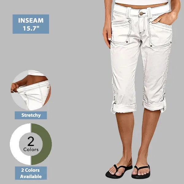 Flamingals Roll Hem Stitch Detail Elastic Back Mid Waist Capri Pants Stretchy 15.7'' Inseam