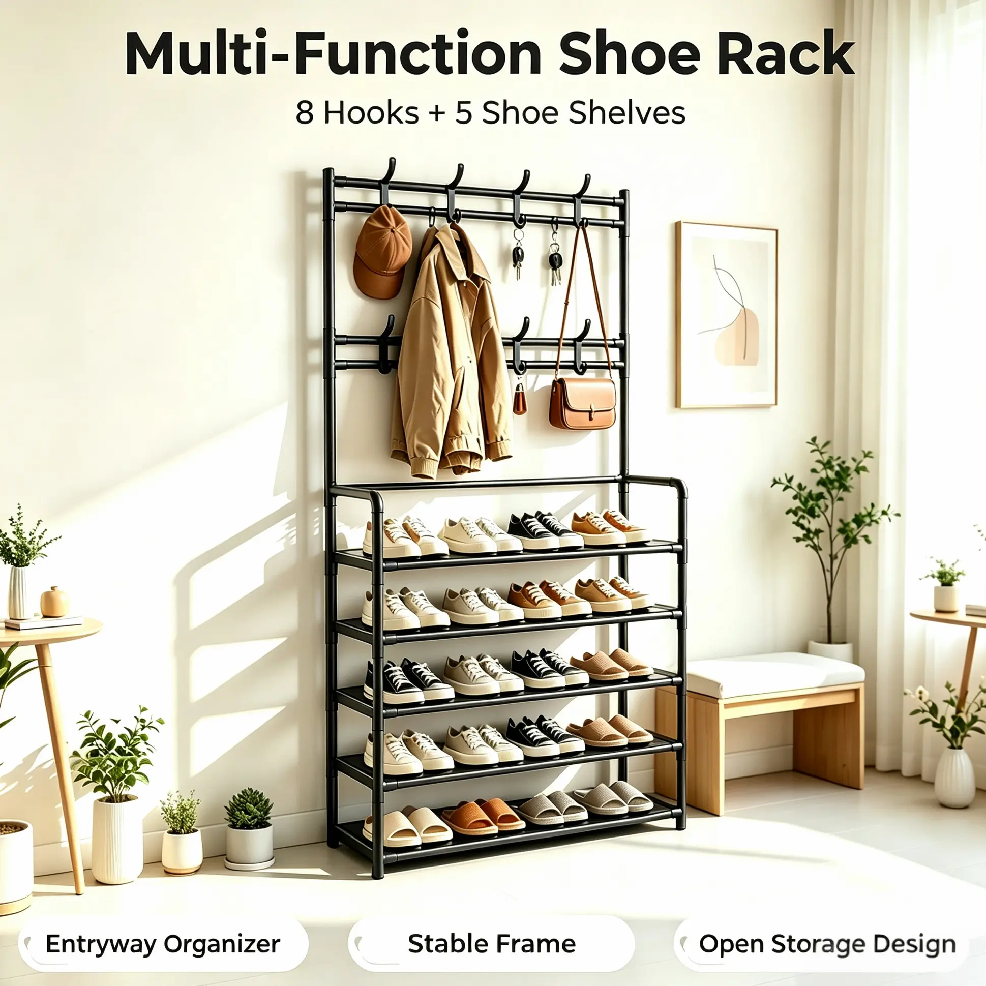 Multifunctional 2-in-1 Entryway Shoe Rack with 8 Coat Hooks, 5-Tier Large Capacity Heavy-Duty Metal Shoe Organizer, Space Saving Storage Stand with Thickened Fabric Shelf for Small Apartment Hallway Bedroom