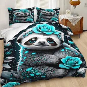 2/3Pcs Whimsical Baby Sloth Duvet Cover Set, Enchanting Turquoise Floral Bedding Set, Soft Microfiber for Cozy Sleep, Perfect for Kids' Bedrooms with Magical Illustrations and Vibrant Colors, Includes 1 or 2 Pillowcase - No filling/Zipper Closure