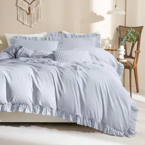 Ruffle Duvet Cover  Size  Washed Cotton,3pc Linen Feel Farmhouse Shabby  Ruffled Bedding Set  Country Rustic Cornflower Blue Comforter Cover Aesthetic Soft Quilt Cover Set
