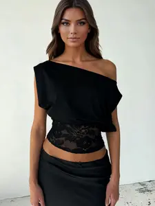 Women's Lace Patchwork Asymmetric Off-Shoulder Short Sleeve Summer Top, Sexy Sheer Short Dress, Vintage Minimalist Daily Wear