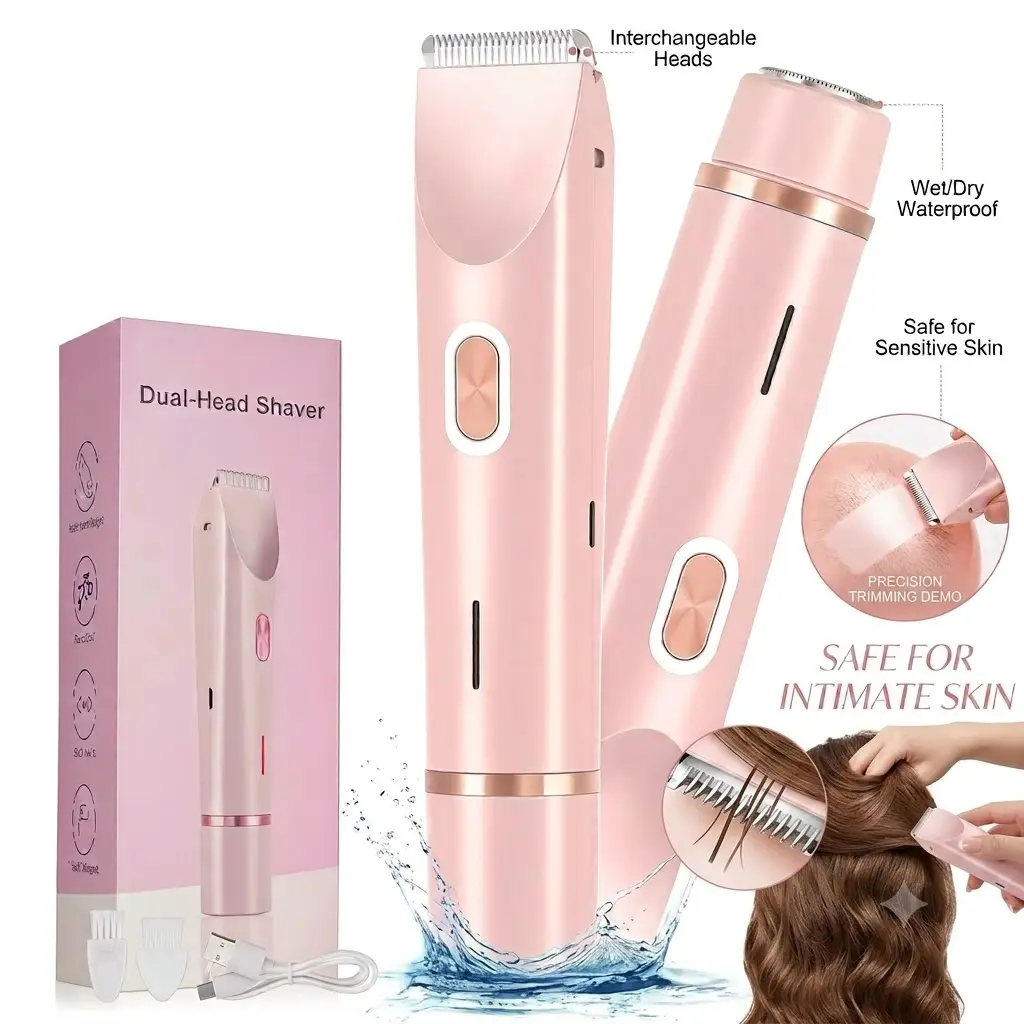 Women's 2-in-1 Cordless Charging Bikini Trimmer and Shaver - Electric Personal Care Appliance with Interchangeable Dual Heads for Pain-Free Shave on Pubic/Legs/Faces, 1 Unit Summer Gift Idea