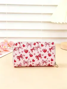 Women's Cute Bow & Heart Print Long Wallet, PU Leather Zipper Clutch Purse, Multi-Card Slots, Large Capacity, Coquette Style, Gift for Girls & Teens