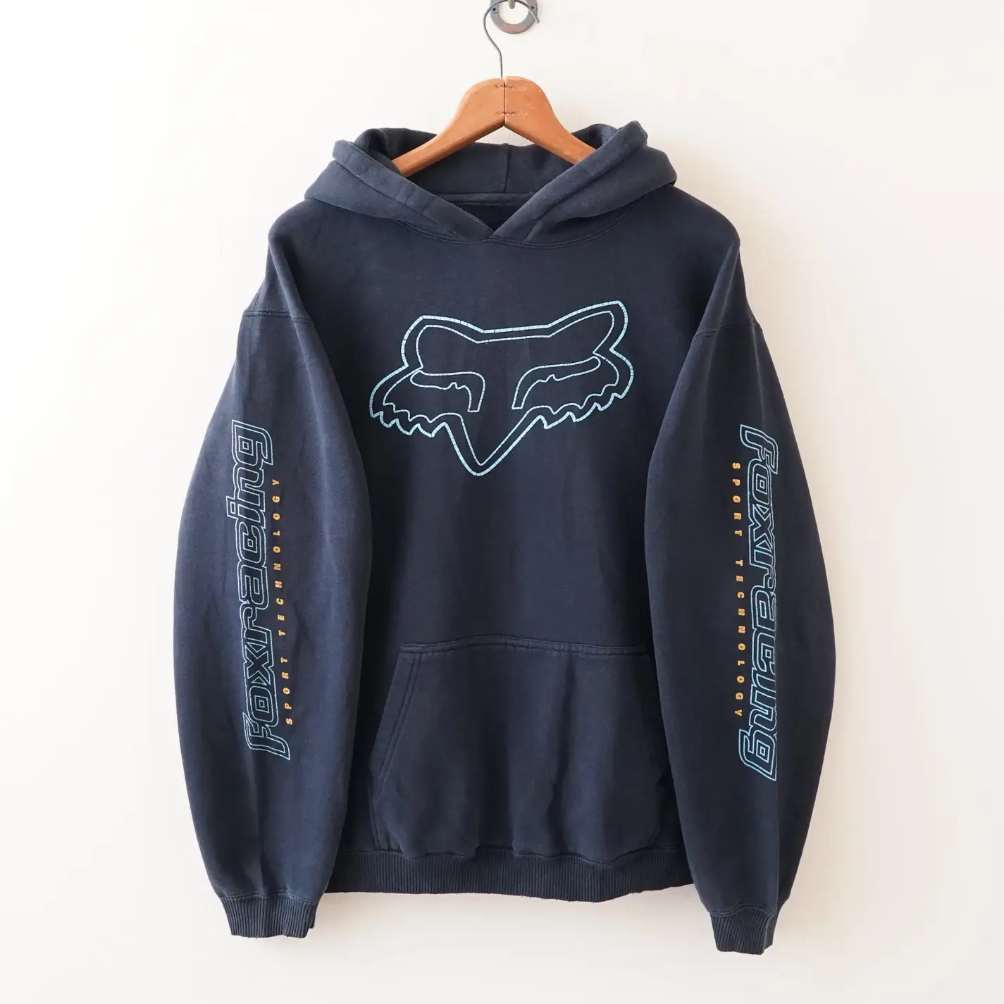 Vintage Fox Racing Motocross Distressed Faded Navy Blue Hoodie Fits
