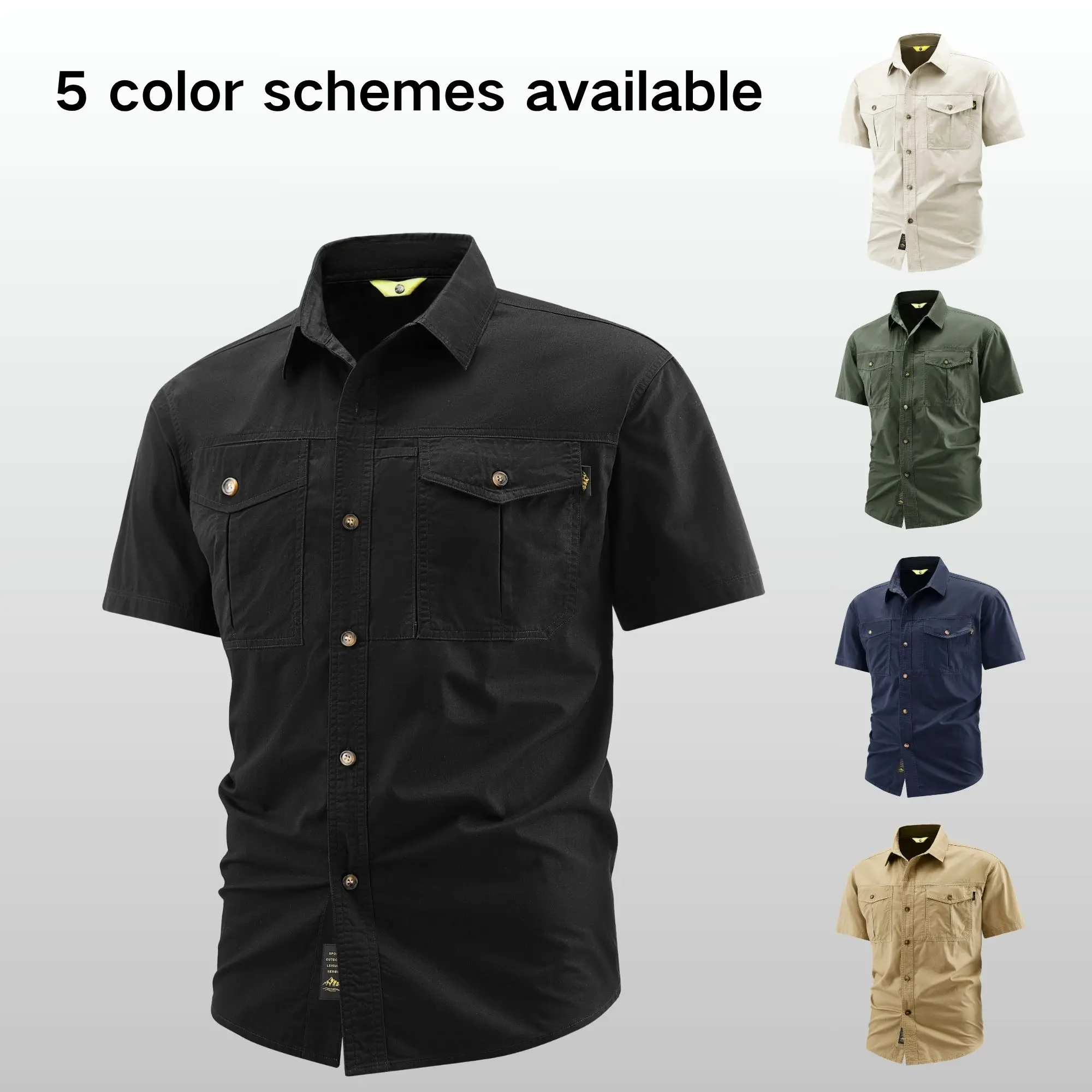 Men's American Retro 2-Pocket Workwear Short-Sleeve Shirt, Solid Color Versatile Commuter Outdoor Top