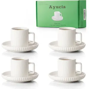 2.5OZ Mini Espresso Cups Set of 4, White Cream Ceramic Demitasse Espresso Mugs with Saucers, Small Coffee Cups for Single/Double Espresso Shots