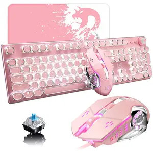 XINMENG Wired Pink Typewriter Keyboard and Mouse Combo,Retro Vintage Mechanical Gaming Keyboard with White LED Backlit,104 Keys Anti-Ghosting Blue Switch Cute Keyboard,Round Keycaps,4 Color Backlit Mouse,Pink Mousepad for Desktop PC/Laptop Mac