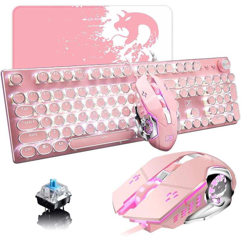 XINMENG Wired Pink Typewriter Keyboard and Mouse Combo,Retro Vintage Mechanical Gaming Keyboard with White LED Backlit,104 Keys Anti-Ghosting Blue Switch Cute Keyboard,Round Keycaps,4 Color Backlit Mouse,Pink Mousepad for Desktop PC/Laptop Mac