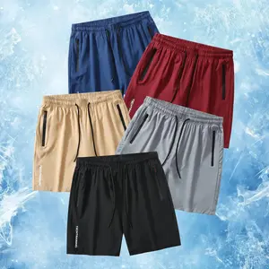 Multi-pack men's sports shorts with secure side zipper pockets and a comfortable elastic waistband, featuring English print on the sides