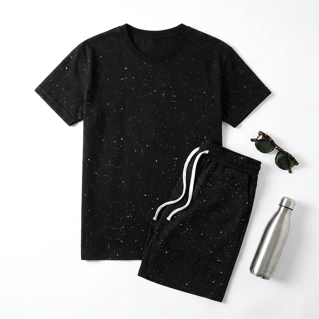 Men's 2-Piece T-Shirt and Shorts Set, Casual Galaxy Glitter Print Poly-Cotton Menswear with Short Sleeve Round Neck Top, Shortsleeve Tee Shorts Set Crewneck
