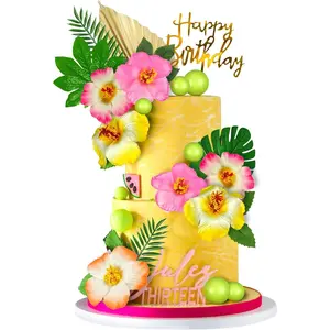 25 pcs flower cake topper hawaiian cake decorations with palm leaves hibiscus flowers balls for hawaii aloha jungle summer theme wedding birthday baby shower multicolour