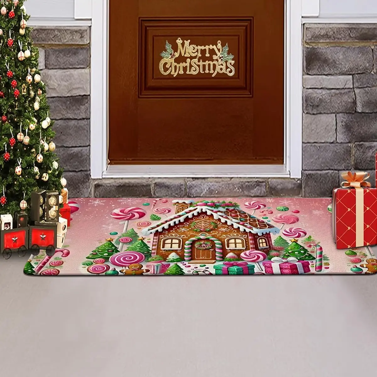 1 Piece Flannel Doormat - Christmas Cottage Pattern, Surrounded by Candy, Pink Background with Gingerbread Man Accents, Soft & Skin-Friendly, Suitable for Entryway, Kitchen, Living Room & More, Warm Christmas Home Decor