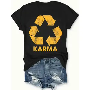Karma Recycle Symbol T-Shirt Black Casual Wear Personalized Unisex Women's Top All Seasons Comfortable Breathable Short Sleeve Tee Suitable For Any Outfit Made In Usa