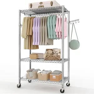 Garvee 3 Tier Clothes Rack with Wheels, Adjustable Shelves & 2 Hanging Rod, Heavy Duty Clothing Rack Closet Organizer Freestanding Wardrobe for Hanging Clothes, 75.6" H x 45.3" W x 15.8" D, Silver