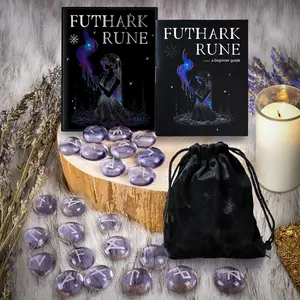 25-Piece Glass Futhark Rune Set with Guidebook, Storage Pouch & Slide-Out Box, Ideal for Divination Tools, Meditation, Inscription & Decor