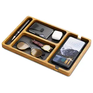 Nightstand & Desk Organizer for Men and Women with Leather Inlay Essentials Catchall Tray for Store Phone Watch Wallet Keys Jewelry