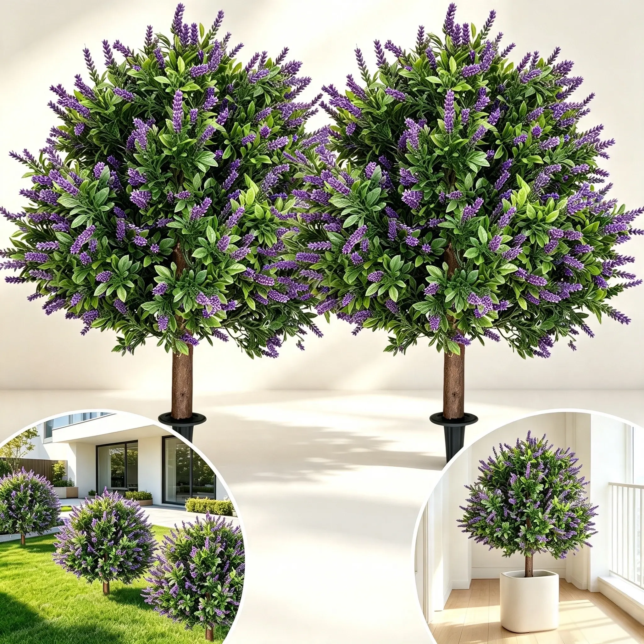 2-Piece Decor Set - 24" Artificial Lavender Topiary Ball Tree with Ground Spike & Artificial Boxwood Bushes, Lifelike Fake Plant, Indoor Outdoor Decorative Faux Shrub for Porch Garden, UV-Resistant, Fade-Proof, Room Decor
