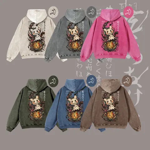 Unisex Mimikyu Japanese Ink‑Wash Style Rag Doll Yokai Pocket Graphict Washed hoodie Personalized Pattern Y2k Clothing Round Neck Washed hoodie,Women's Clothing, Menswear, Top, Vintage Style,Summer Casual Oversized